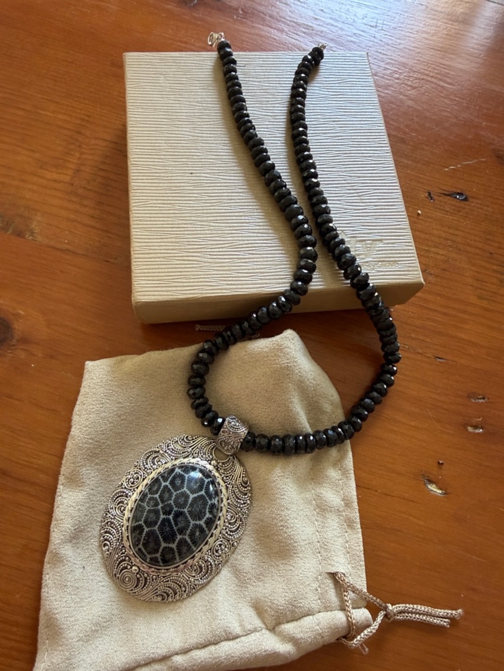 Black Beaded Pendant Necklace with sterling silver filigreed setting